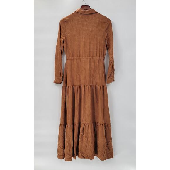 Harper Tiered Shirt Dress Womens XS Brown Embossed Animal Print Button Down Maxi - Picture 3 of 16